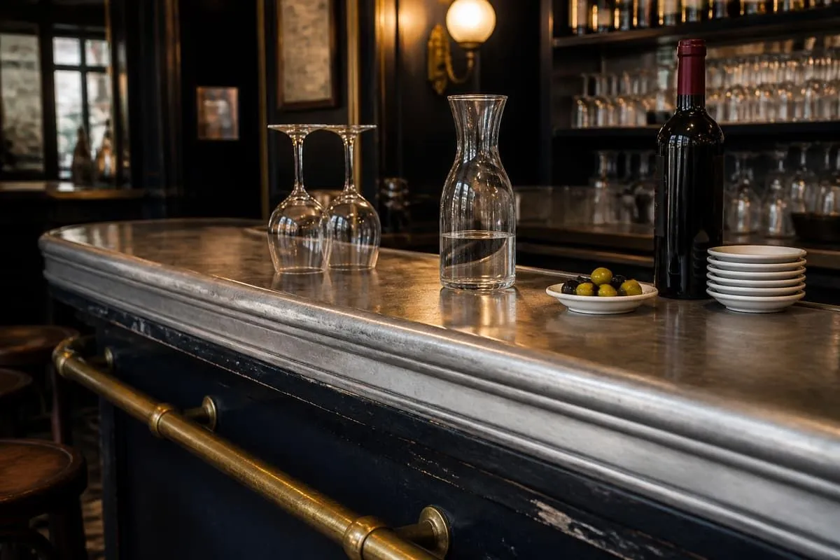 Comptoir en zinc patiné et repose-pieds en laiton du bistrot Chez Maraîs