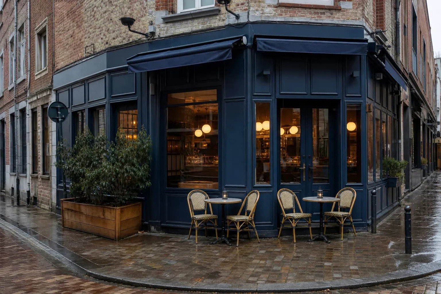 Façade bleu nuit et terrasse de Chez Maraîs, rue Gambetta à Lille
