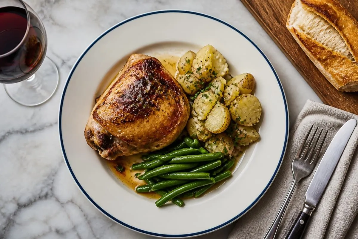 Plat du jour du bistrot Chez Maraîs : volaille rôtie, pommes de terre et haricots verts