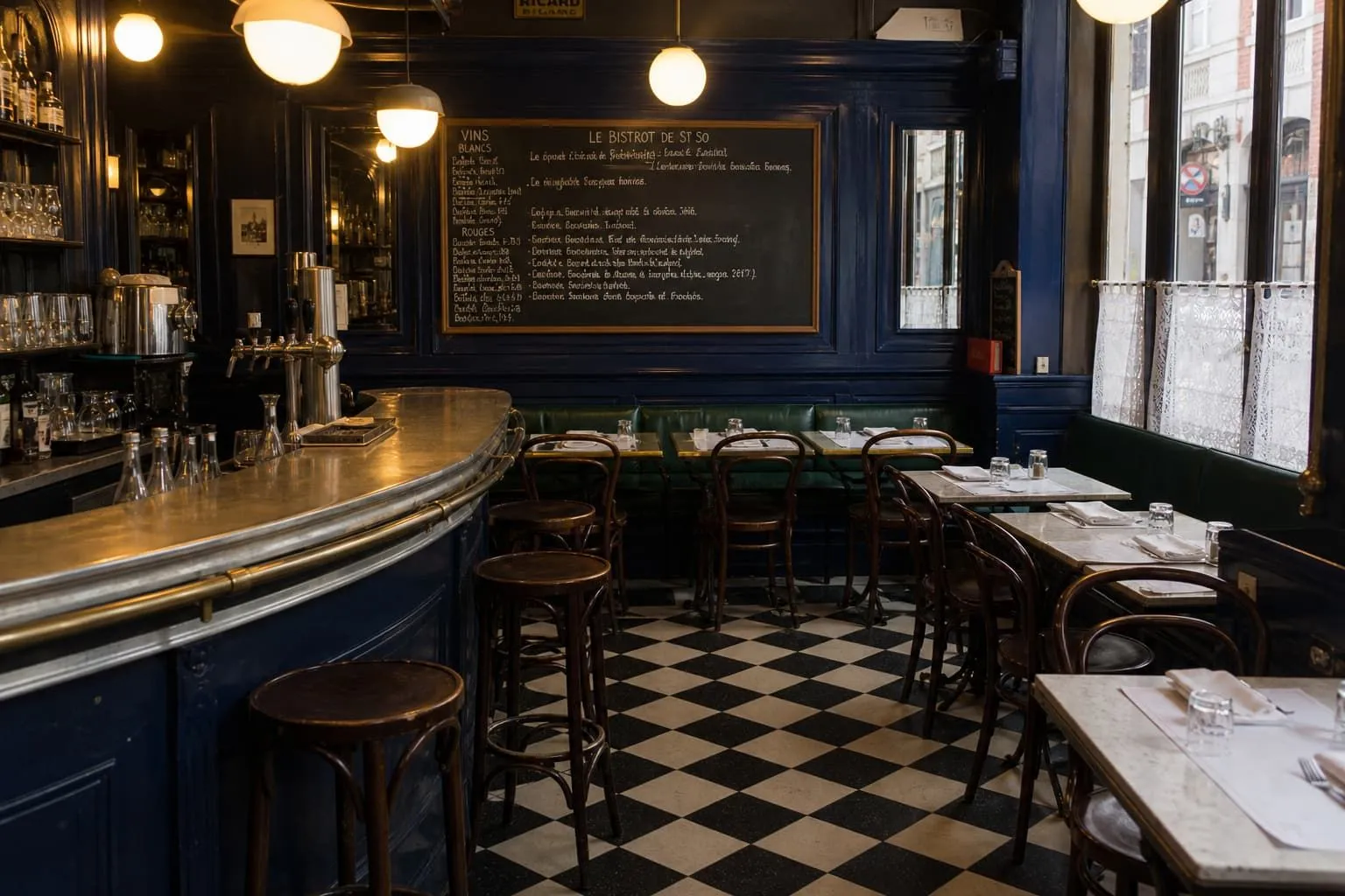 Salle du bistrot Chez Maraîs : banquettes, tables en marbre et ardoise du jour