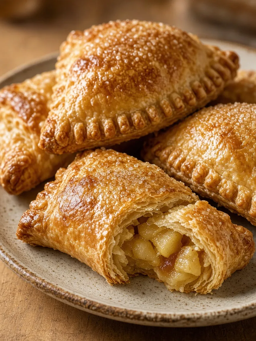 Chaussons aux pommes feuilletés, l’un ouvert sur la compote