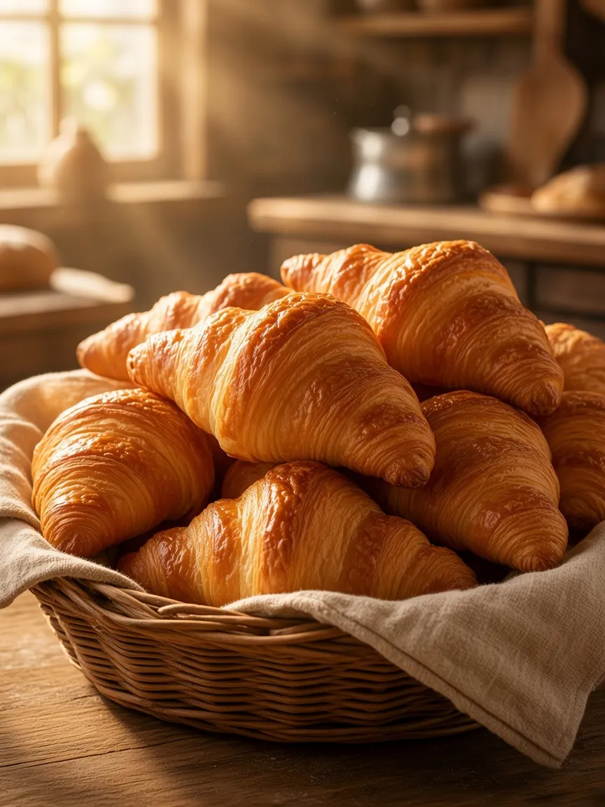 Croissants pur beurre feuilletés dans un panier, sortis du four