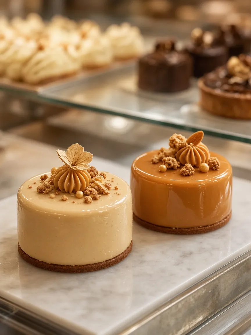 Deux entremets glacés posés sur le comptoir de la pâtisserie