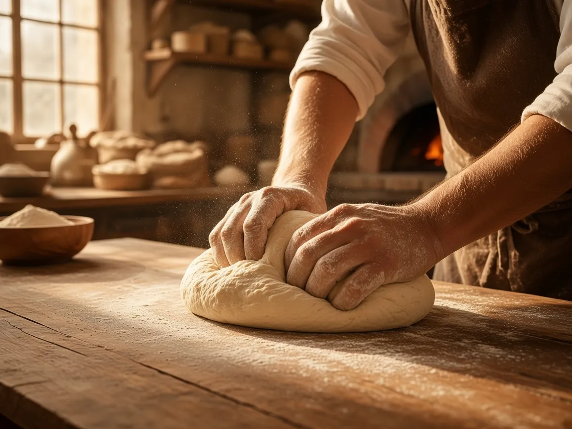 Mains d’un artisan qui façonne le levain dans le fournil