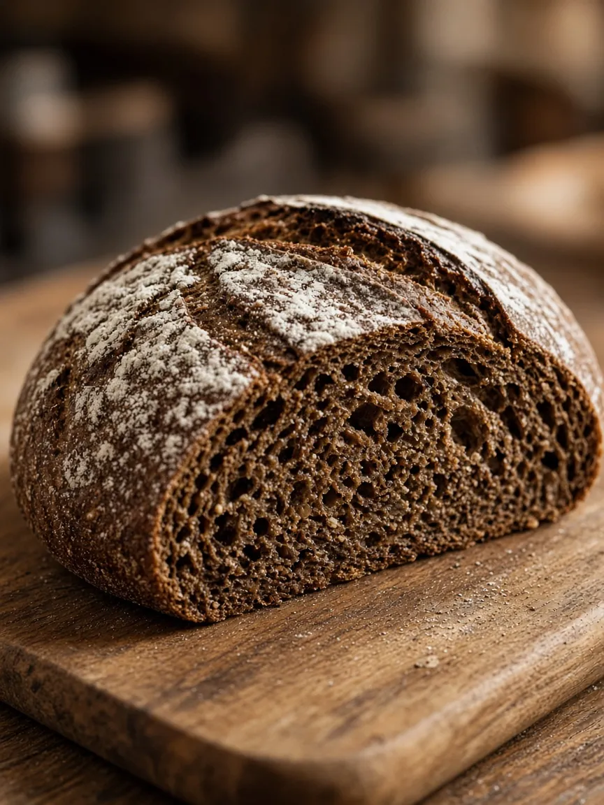 Pain de seigle au levain tranché, mie dense et farine de seigle