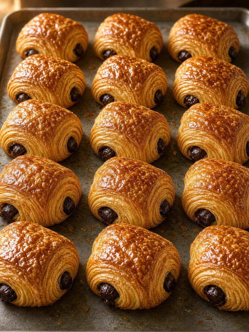 Pains au chocolat dorés alignés sur une plaque de cuisson