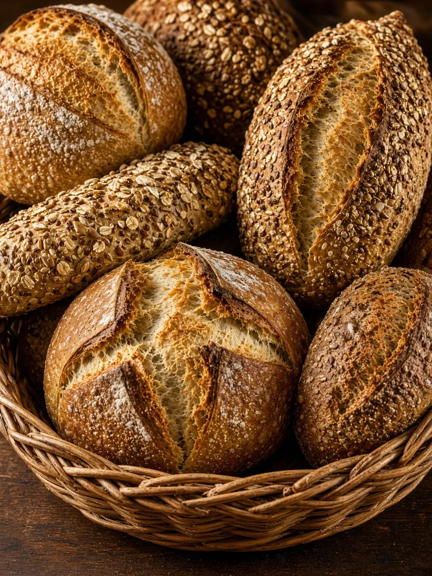 Assortiment de pains spéciaux au levain dans un panier en osier