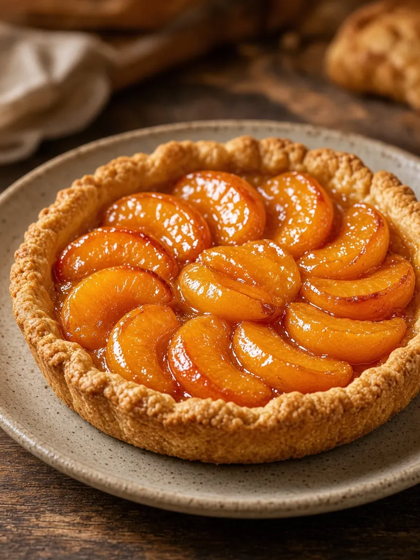 Tarte aux abricots de saison présentée sur une assiette en grès
