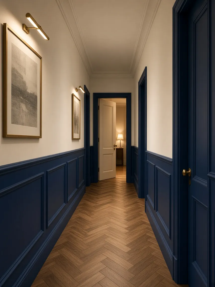 Couloir aux boiseries peintes en bleu profond