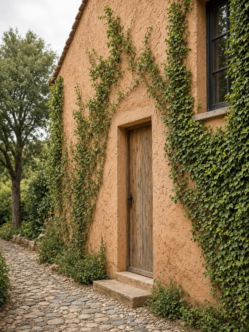 Façade en terre cuite avec porte en bois