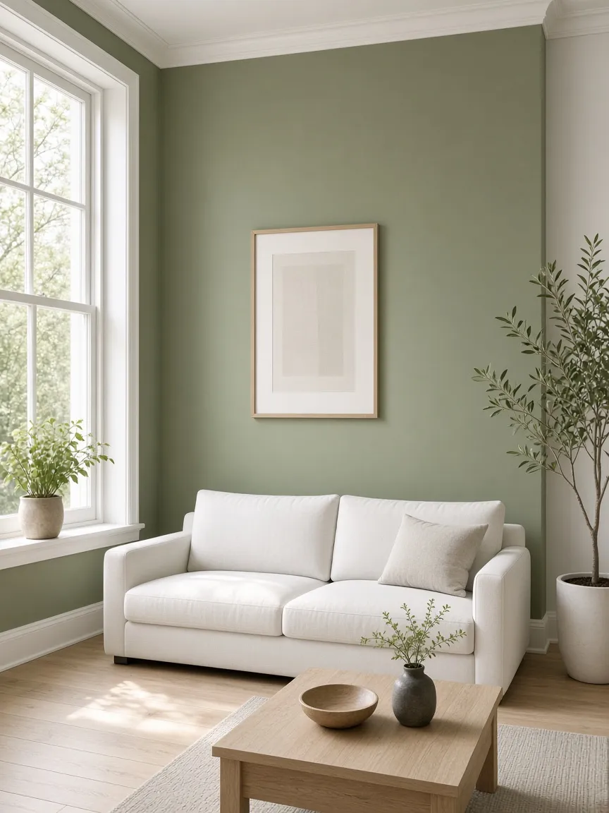 Salon aux murs peints en vert sauge, lumière naturelle