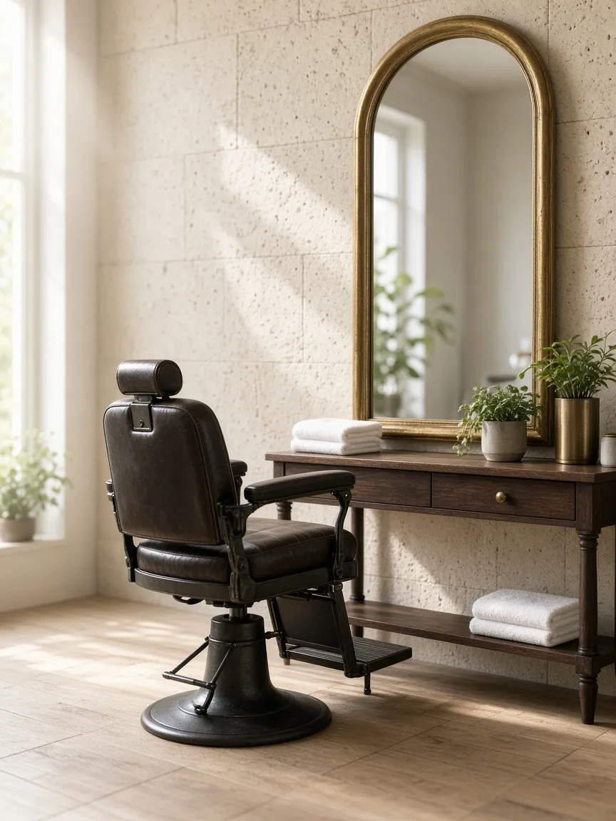 Poste de barbier avec miroir en laiton et fauteuil vintage au Studio Faf