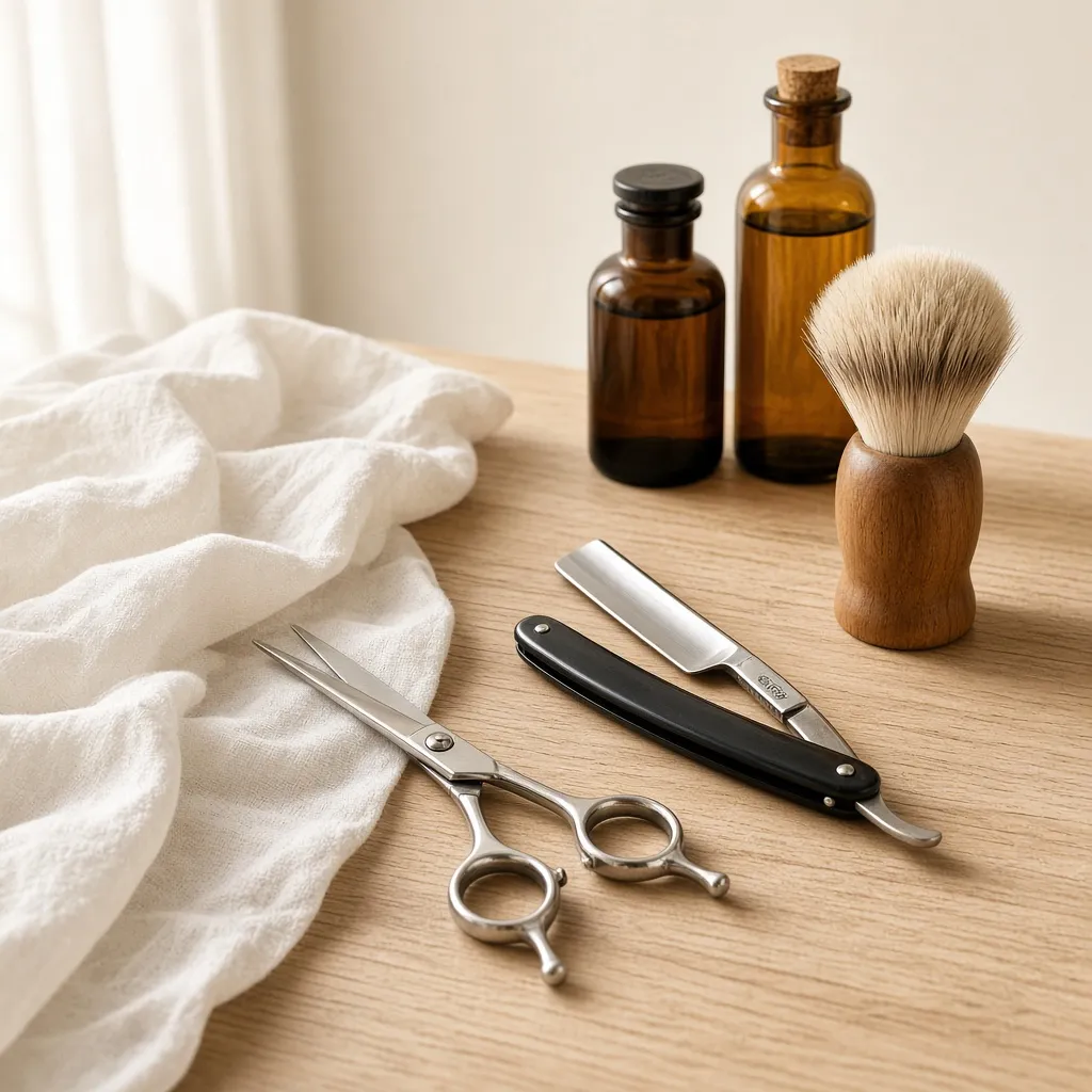 Ciseaux, rasoir et flacons de soin sur l’établi du salon