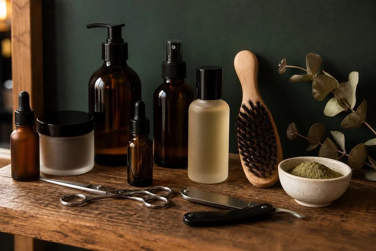 Ciseaux, rasoir droit et poudres de coloration végétale sur l’étagère du salon