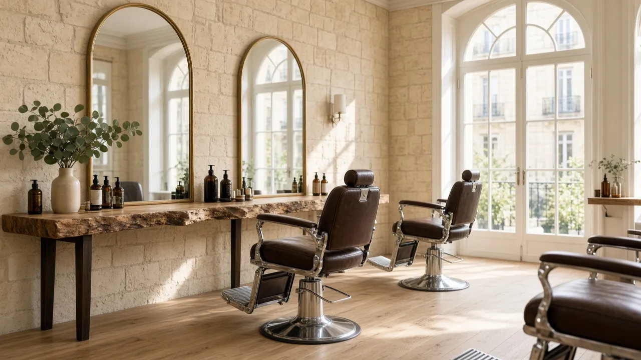 Fauteuils de barbier et miroirs en laiton du Studio Faf, rue Notre-Dame à Bordeaux
