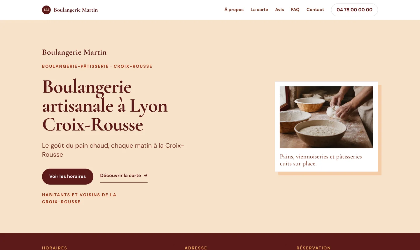 Site vitrine commerçant : extrait d’une boulangerie, horaires et adresse dès le premier écran