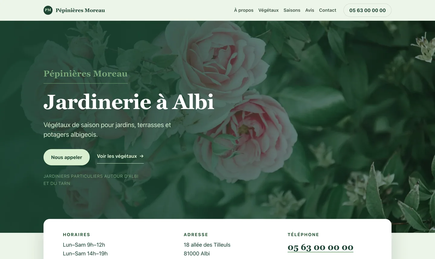 Haut de page du site Pépinières Moreau : photo de rosiers, titre jardinerie à Albi et bandeau horaires